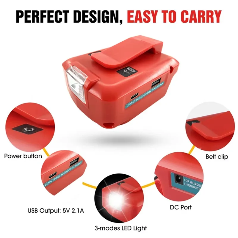 

2025 Hot Style Li- Battery Converter Formilwaukee 14.4V-18V Battery Adapter Withled Work Light 5V USB Type-C Output Port 1865