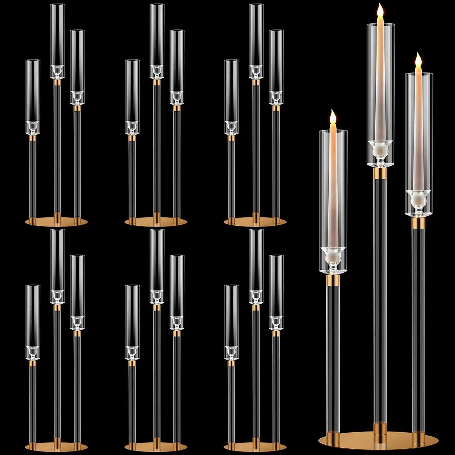 

6 Pack Acrylic Candelabra Centerpieces 30.5'' Tall Clear Candle Holder Gold 3 Arm Crystal Candle Holder Candlesticks Holder