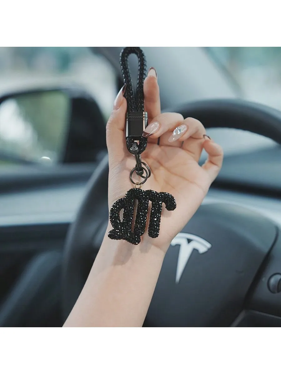 Black Zodiac Sign Rhinestone Keychain With Leather Cord