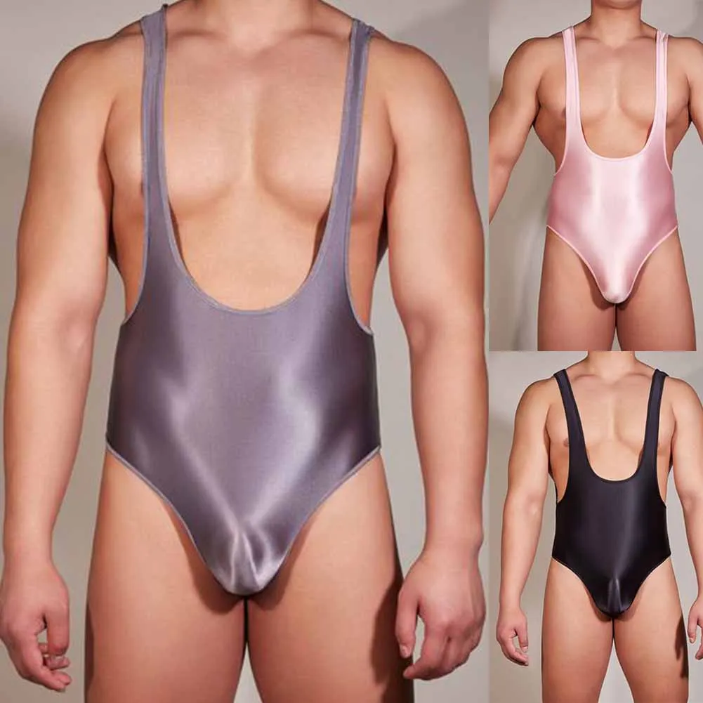 New Mens Bodysuit Stretchy Backless Thong Leotard High Swimwear Shiny Elastic Sleeveless Sleepwear Silky Male Lingerie