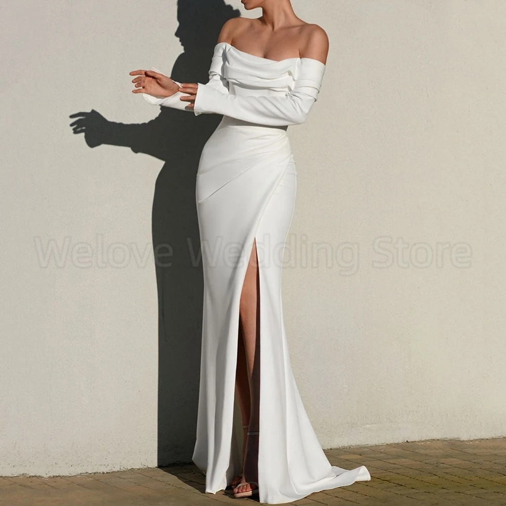 Long Sleeves Off the Shoulder Wedding Dress Boat Neck with Pleat Mermaid Floor Length Sexy Side Slit Bridal Backless Gowns