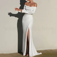Long Sleeves Off the Shoulder Wedding Dress Boat Neck with Pleat Mermaid Customized Sexy Side Slit Bridal Backless Gowns - Image 3