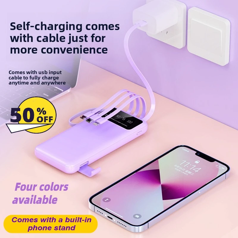 

2PCS/LOT Self-charging Mobile Power Bank with Built-in Cable Multi-port Wired Charging 20000mAh Mobile Phone Power Bank