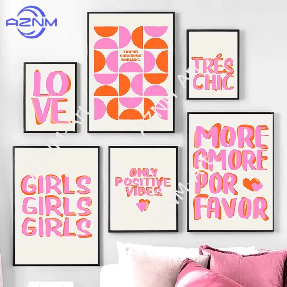 1/6 Stück Nordische Positive Girls Pink Inspirierende Zitat-Poster, Kunstdrucke auf Leinwand, Abstrakte Wandkunst für Zimmer und Heimdekoration