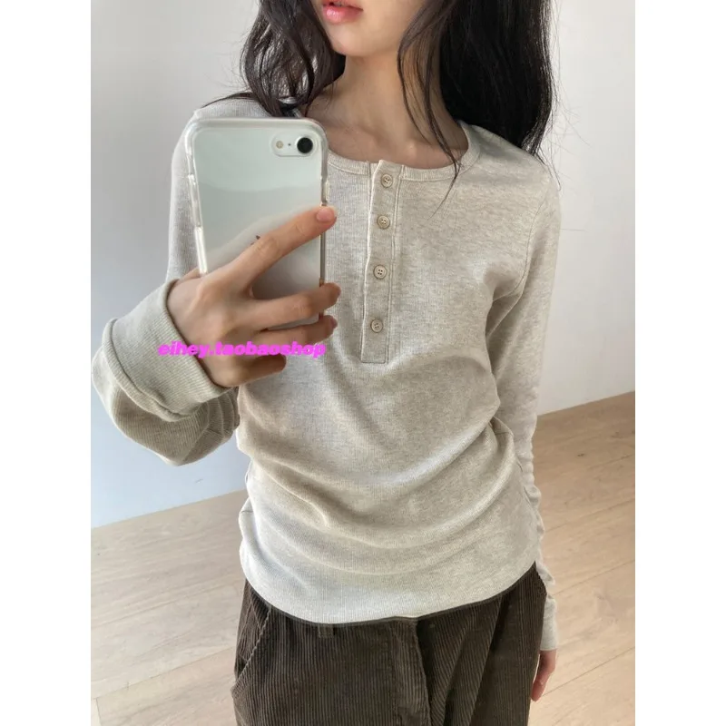 

Korean O-neck Button Casual Long-sleeved T-shirt Women 2026 Spring New Streetwear Fashionable All-match Solid Color Tops