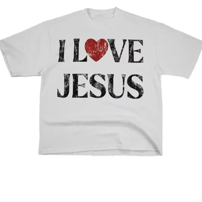 Vintage I Love Jesus Print Short Sleeve T-Shirt Menswear Top Underwear Tshirt Cotton Polyester,Women's Letter Print Round Neck