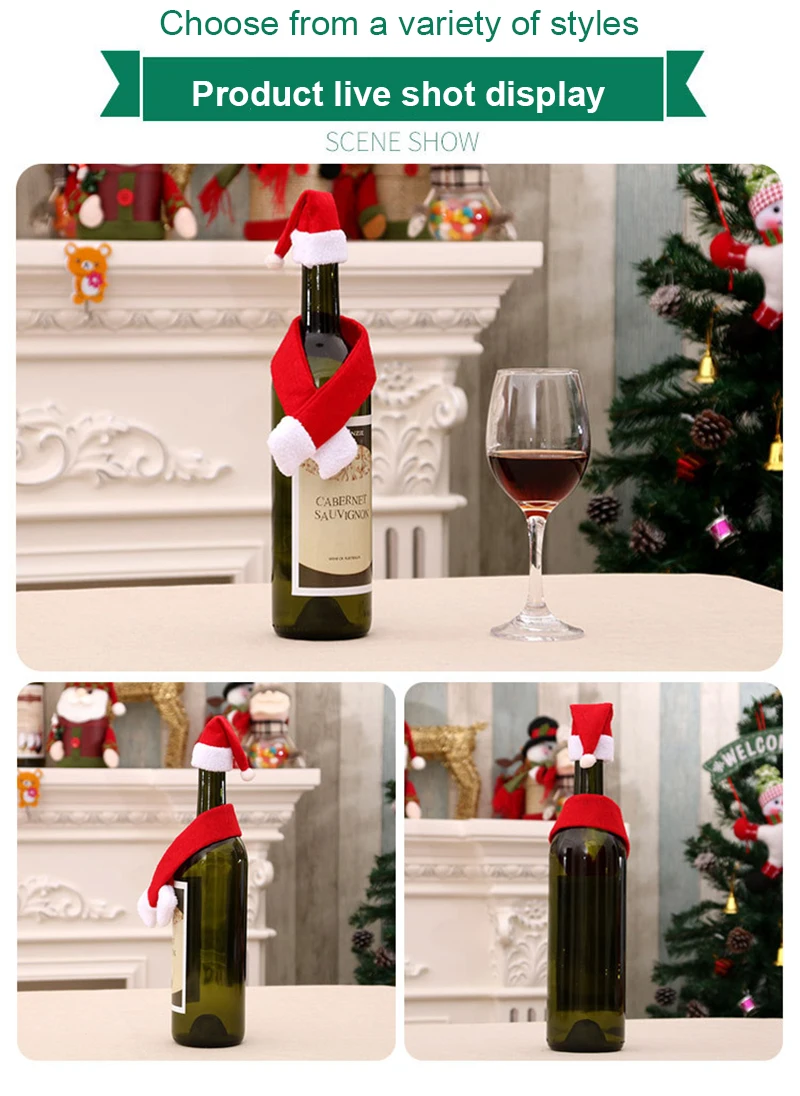 Merry Christmas Drink Bottle Bag Set Wine Bottle Covers Red Santa Claus Hat Xmas 2024 New Years Party Family Dinner Table Decor