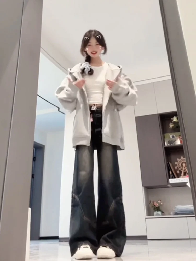 미국 하이 스트리트 벨 보트 진 여성용 봄 가을 2025 신상 레트로 하이웨이스트 슬림 스트레이트 와이드 레그 허프 팬츠