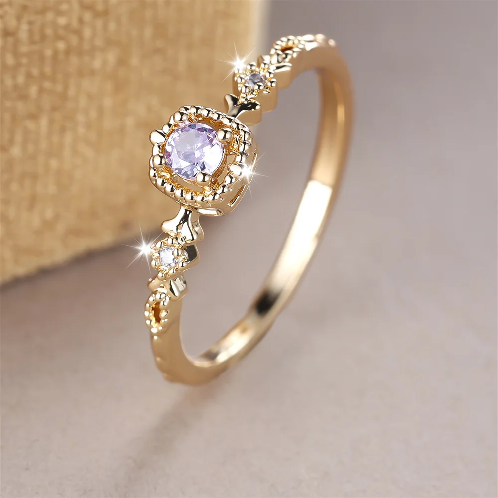 Simple Fashion Crystal Round Stone Ring White Zircon Small Square Engagement Rings For Women Vintage Gold Color Wedding Jewelry