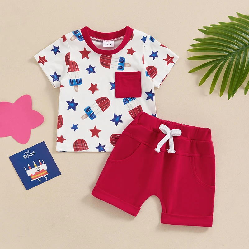 4th of July Baby Boy Outfits USA Embroidery Short Sleeve T-Shirt Top Stripe Star Shorts 2Pcs Fourth of July Clothes