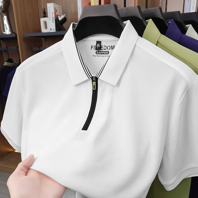Quality fashion zipper lapel short sleeve T-shirt men's summer trend solid color comfortable breathable casual Korean polo shirt