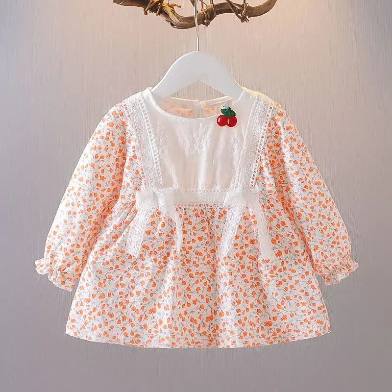 Girls Spring Autumn Hook Flower Splicing Round Neck Kids Clothes Embroidery Cherry Single Button Floral Print Long Sleeve Dress