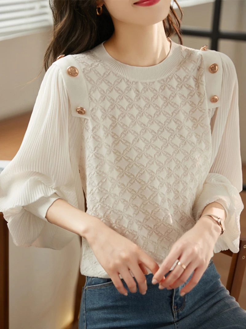 

Женская блузка Ele с кружевными вставками, весна 2025, новая модель, шифоновая, базовая, скрывающая живот, корейская версия, с круглым вырезом, длинный рукав