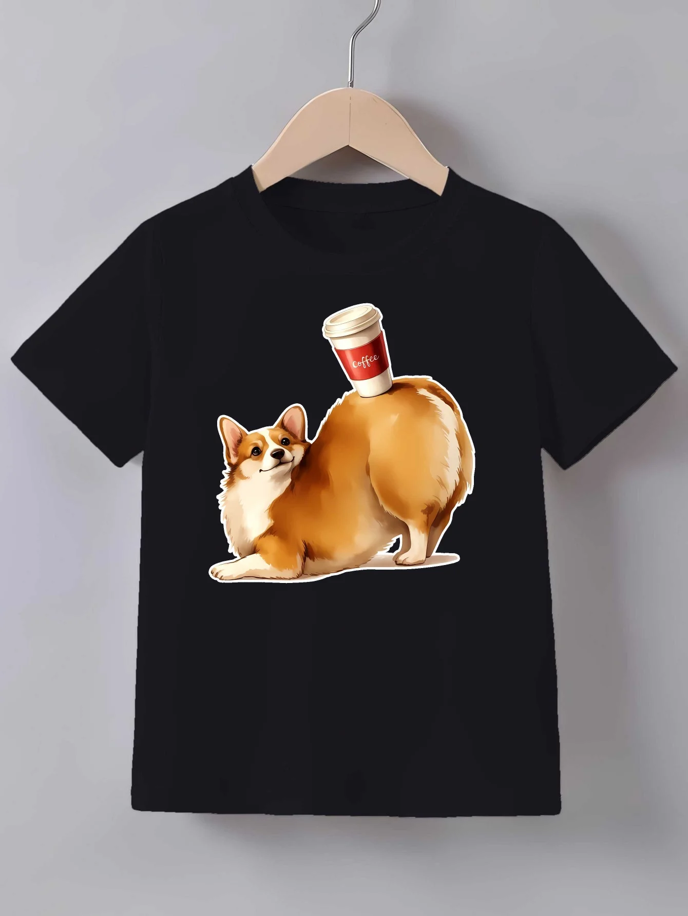 Funny Corgi Holding Coffee Graphic T Shirt Family Matching Boys Girls Kids Short Sleeve Cartoon Puppy Children Daily Tops