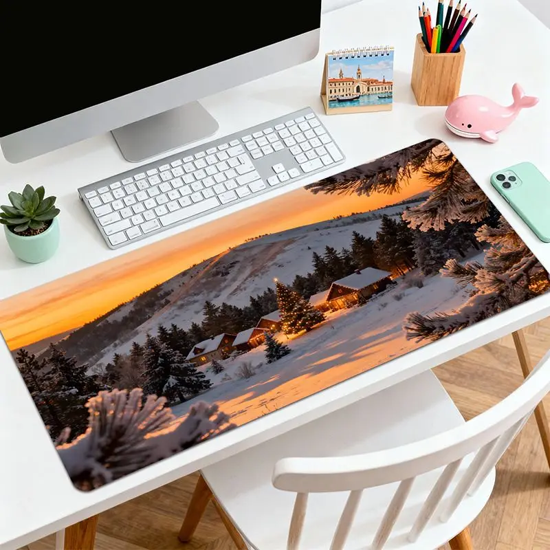 VIKAMA Sunset Snow Cabin Christmas Tree Desk Mat Mouse Pad Quick Dry Non Slip Gaming Laptop Nature Inspired Mat Home Decor
