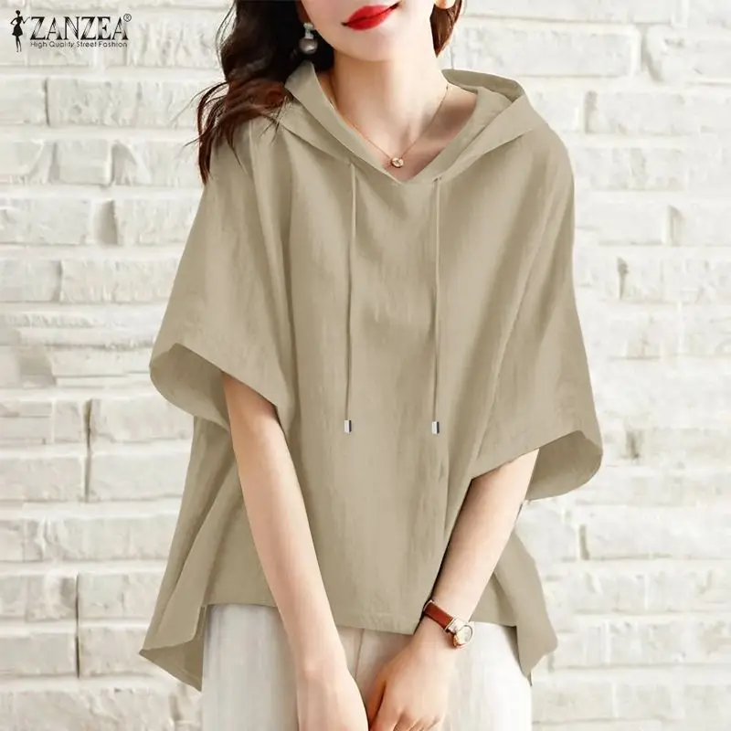 

Женские летние блузки ZANZEA с капюшоном 2026: повседневные однотонные топы с коротким рукавом, свободные элегантные офисные рубашки для женщин (OL)
