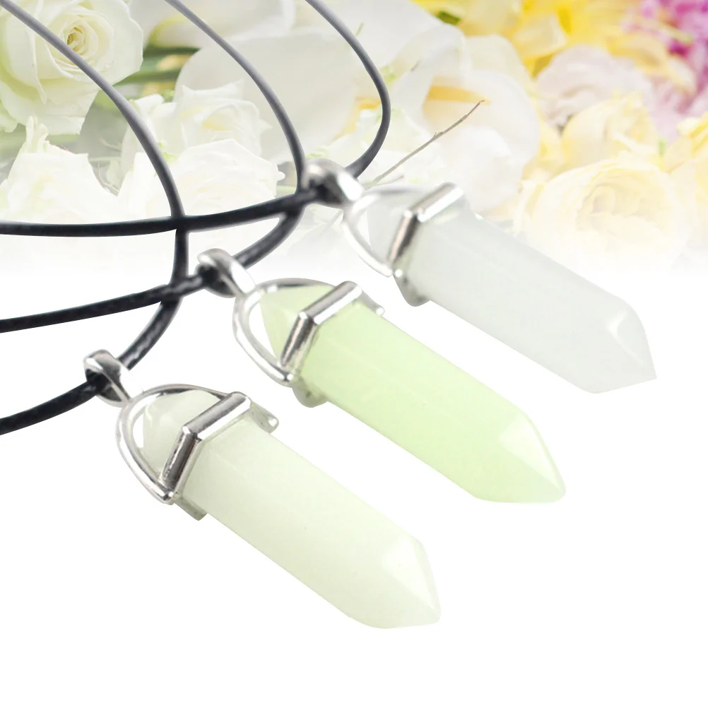 

3Pcs Luminous Pendant Hexagonal Column Necklace Natural Crystal Stone Necklace Blue Green Blue-Green Light Fashion Gift