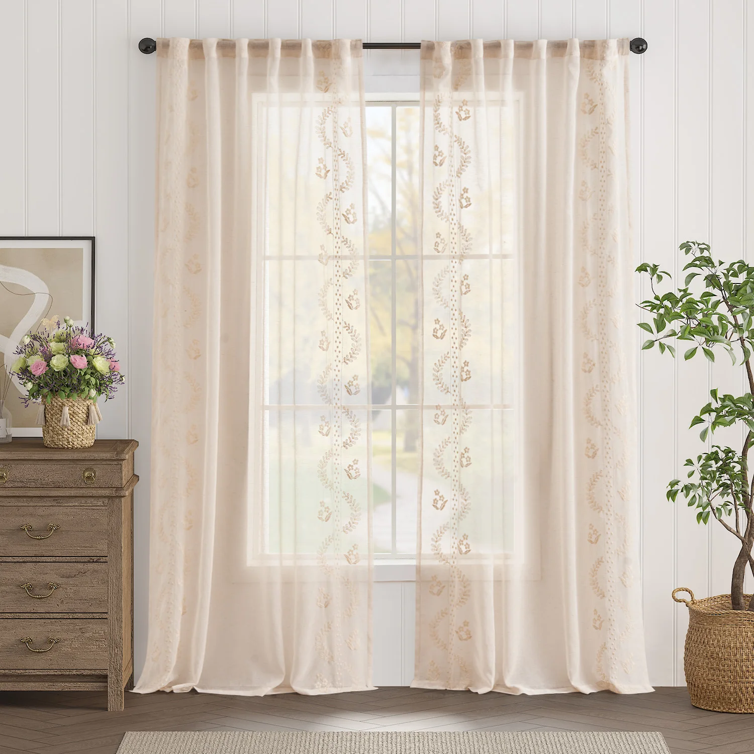 

Льняные полупрозрачные шторы Jinchan с вышивкой для гостиной и спальни, с креплением на штангу, в стиле фермерского дома, 2 шторы