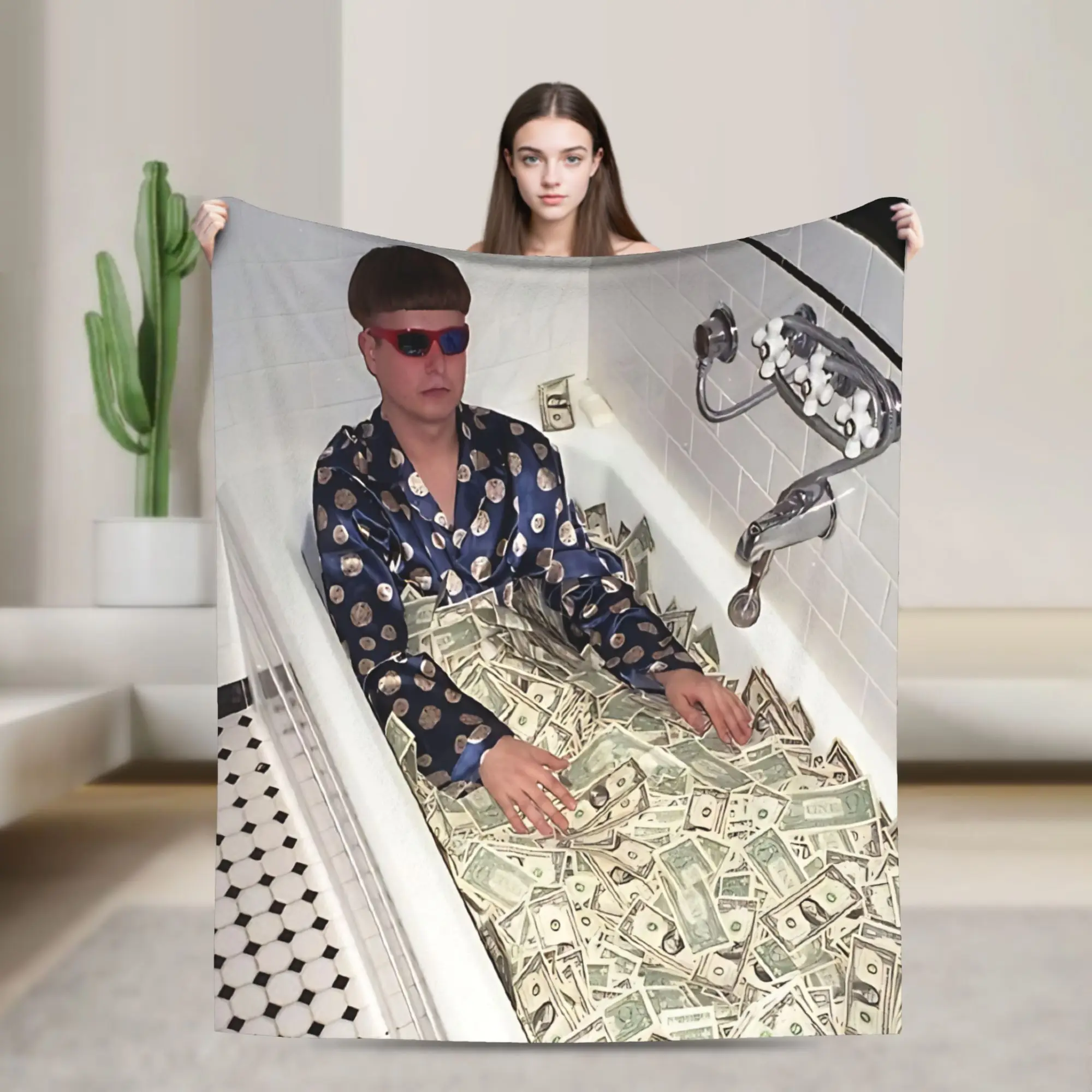 Oliver Tree Cash Bath Tub Meme Knitted Blanket   Fuzzy Throw Blanket Home Couch Portable Soft Warm Bedsprea