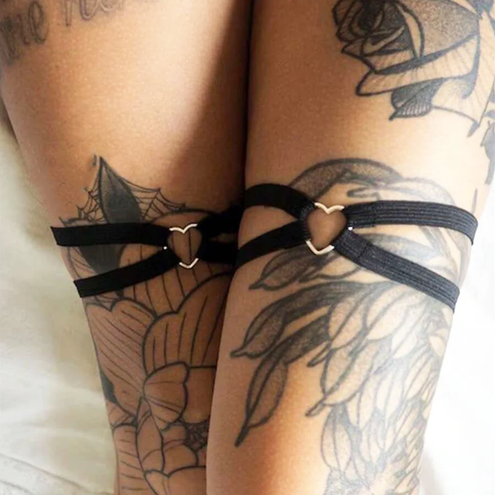 2pcs Women\'s Black Minimalist Elastic Thigh Band With Adjustable Heart-Shaped Ring Decoration Fashionable Punk Gothic Leg Garter