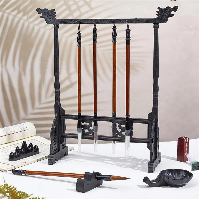 

HRBAJ-Chinese Calligraphy Brush Holder - 12-Pin Plastic Frame With Carved Design For Sumi Painting And Japanese Calligraphy