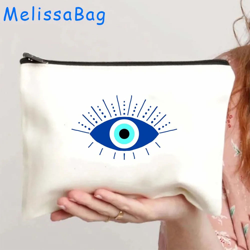 Blue Evil Eye Heart Protection Mandala Bohemian Hamsa Amulet Gift Canvas Bag Cosmetic Makeup Toilet Bag Pencil Case Zipper Pouch