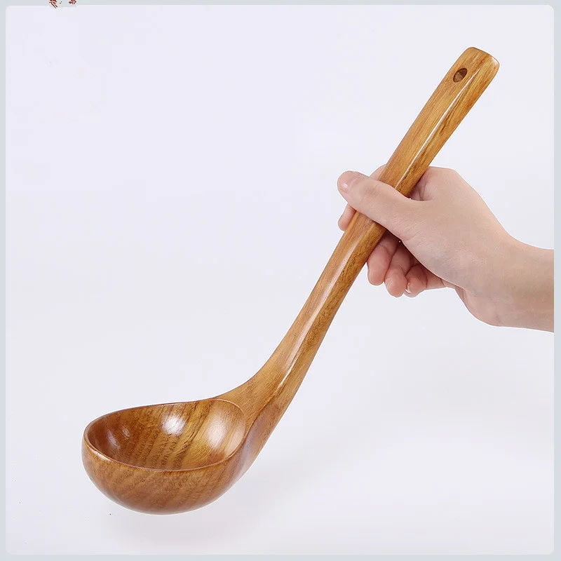 27cm Natural Wood Long Handled Rice Soup Cooking Spoons Big Ladle Hot Pot    Tableware Tools Kitchen Accessories