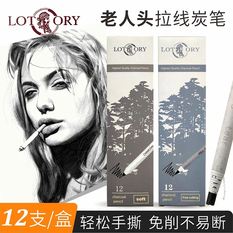 12PCS Professional Sketch Charcoal Pencils, Wooden, Soft/Medium, Easy to Sharpen, Thick Graphite, Dark Lead