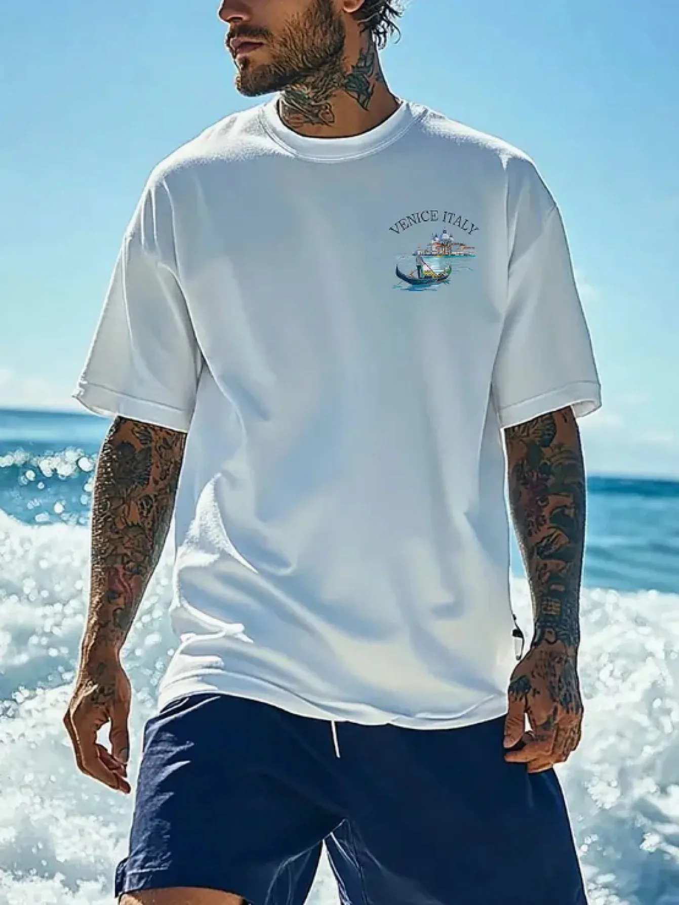 Retro Venice Italy Graphic Tee with Gondola and Canal Watercolor Print 100% Cotton Men's T-shirt Summer Casual Beachwear