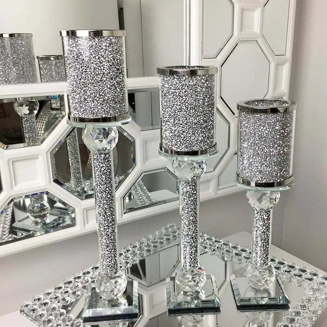 

Crystal Crushed Diamond Inside Silver Bling Mirror Glass Candlestick Holders To Sparkle Your Home / Office & Luxury Decor