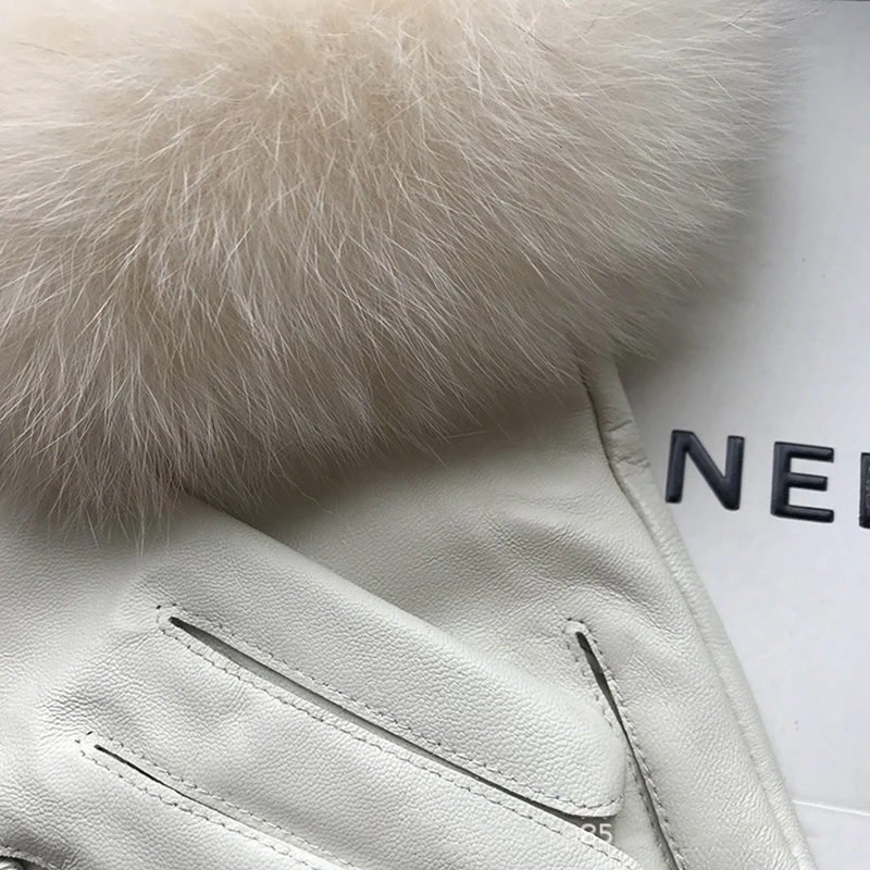 Beige White Natural Fluffy Fox Fur Women Sheepskin Gloves Winter Plus Velvet Warm Ladies Outdoor Windproof Real Leather Gloves