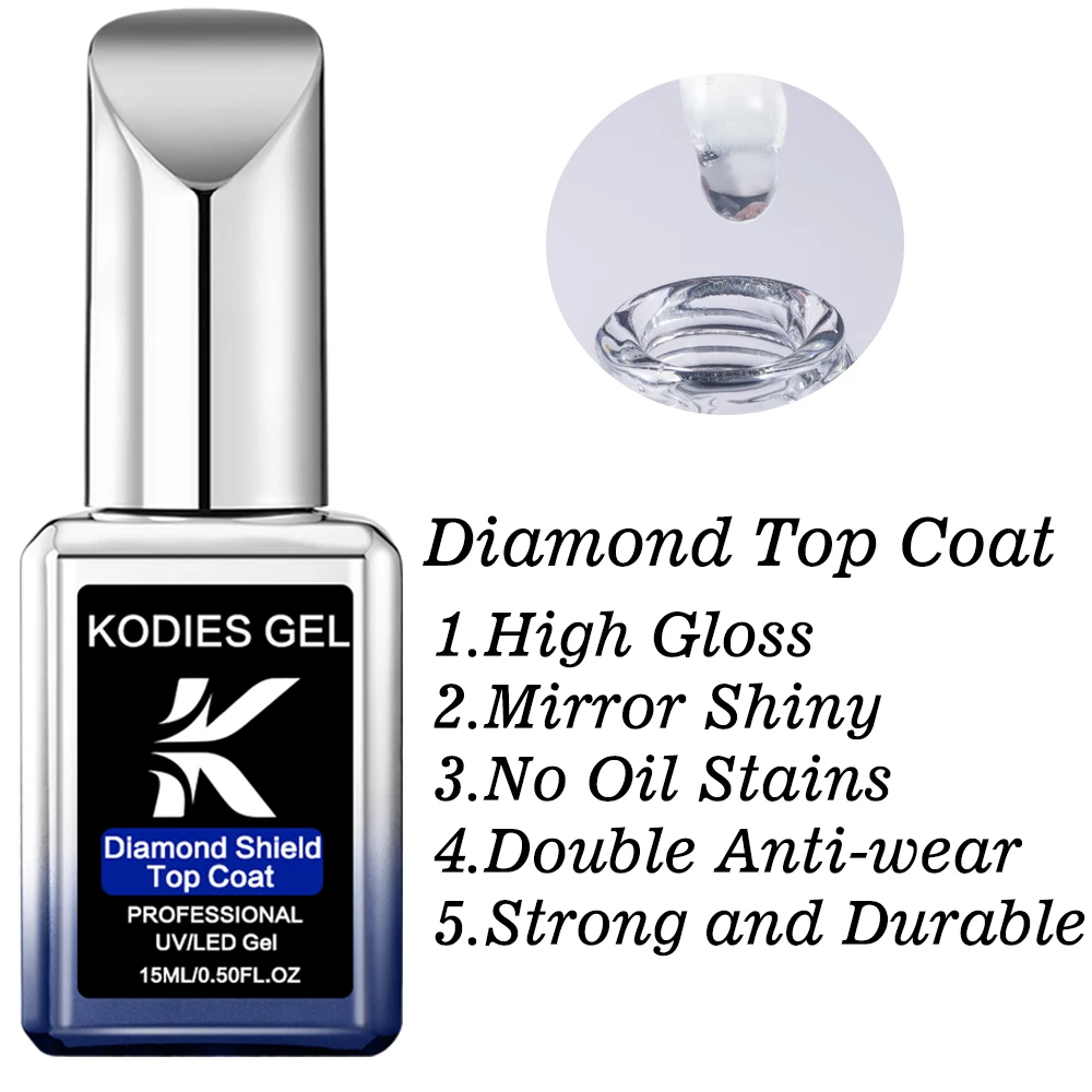 KODIES GEL Diamond Shield Top Coat UV Gel Nail Polish 15ML Semi Permanent LED Scratch Resistant Gel Polish Finish Sealer Nailart