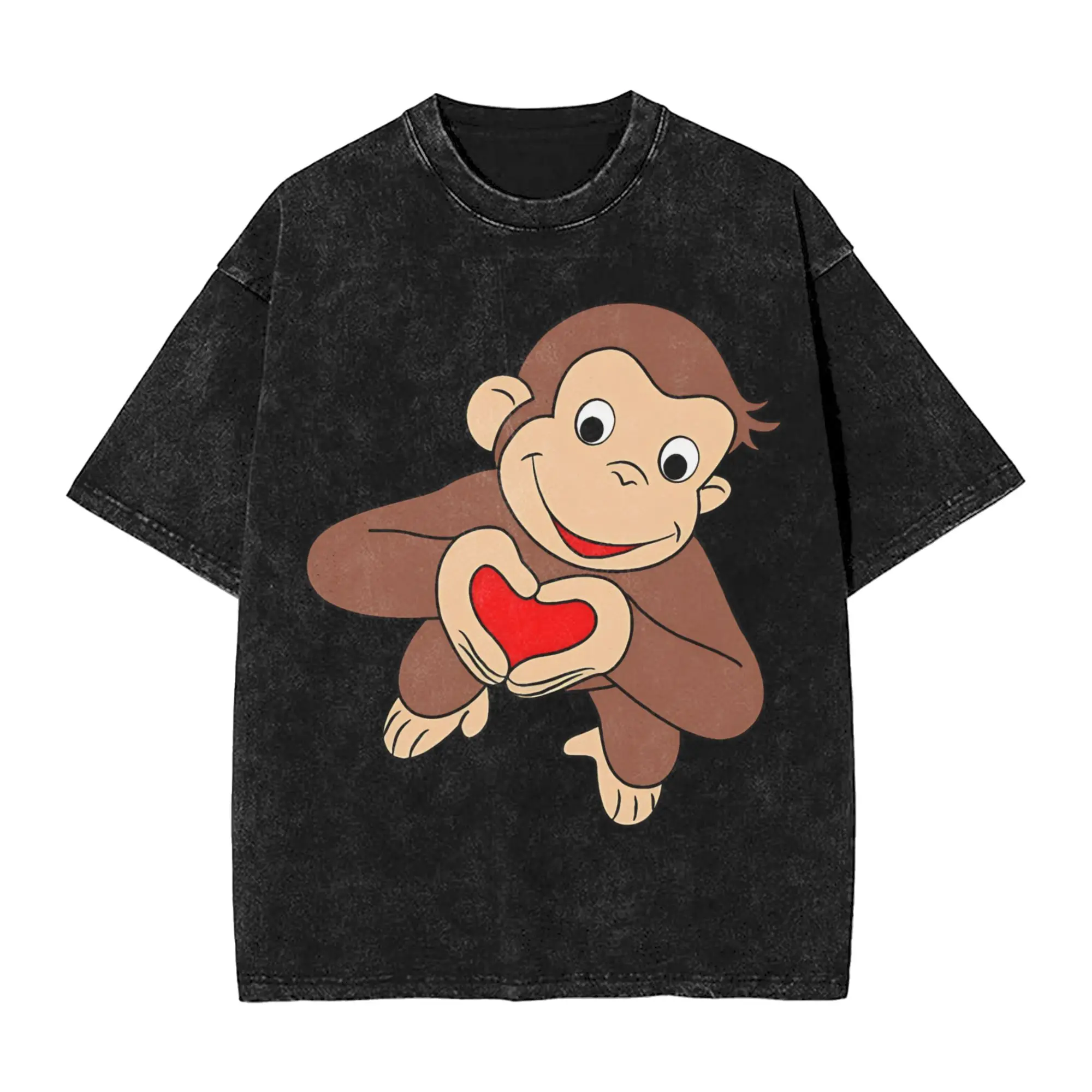 Curious George Is All Heart  Washed T Shirts Streetwear Hip Hop Cool T-Shirts  Tee Shirt for Men Women Short Sleeve Harajuku