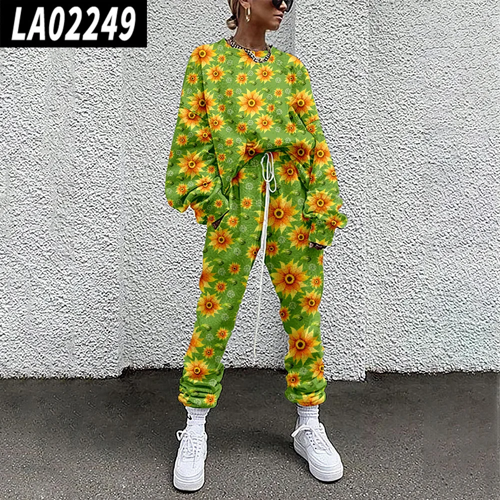 Autumn Women Green Floral Print Pullover Tracksuit 2 Pieces Sets Spring Sweatshirt And Jogging Pants Sport Suit