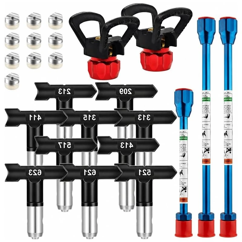 RABIT AS59Airless Paint Sprayers Nozzle Set With 3 Extension Rods & 2 Holders 10 Tips Versatile For Walls, Fences, Cabinets &