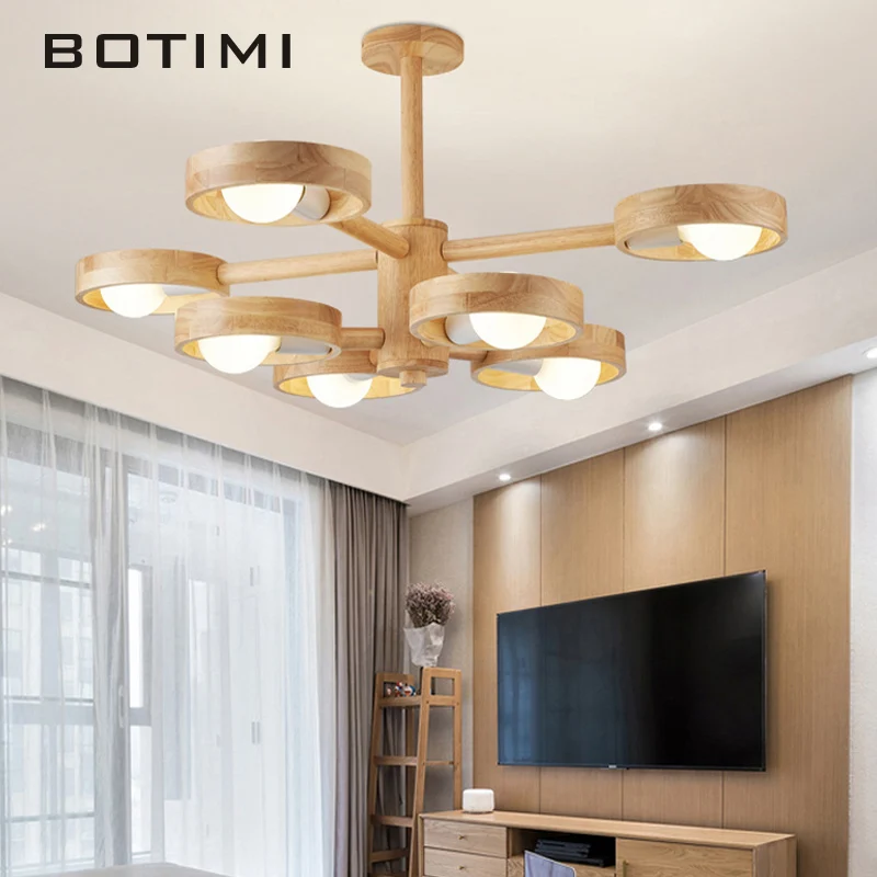 

BOTIMI Solid Wood Chandelier For Living Room 3 5 6 8 Dining Light Wooden Hanglamp Bedroom Lamp Indoor Home Decor Lustres