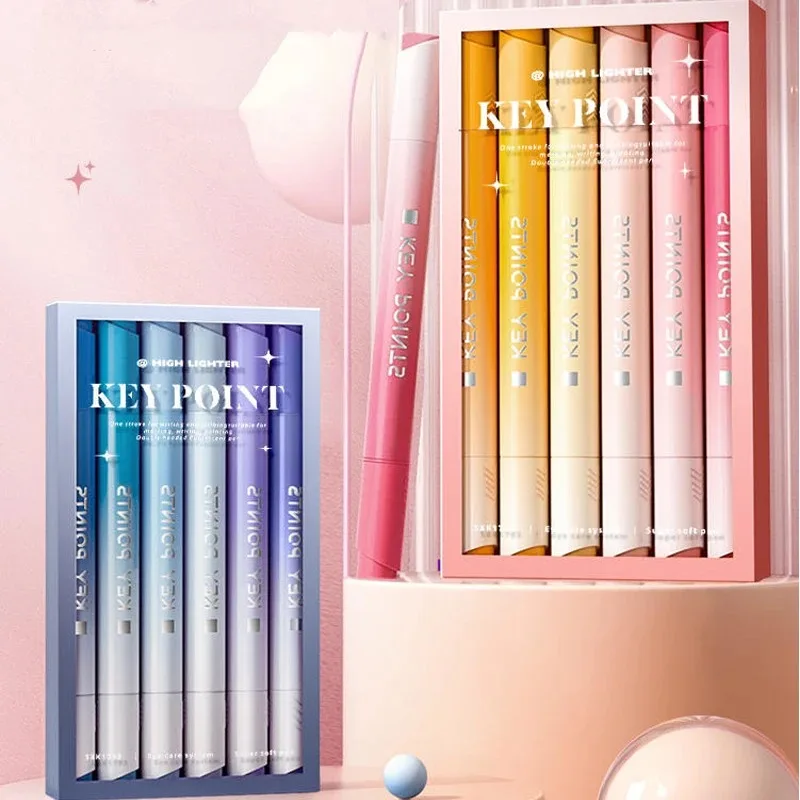 Cute Highlighters, Pastel Colors Dual Tips Marker Pen, Chisel and Fine Tips, 6 Macaron Colors, Water Based