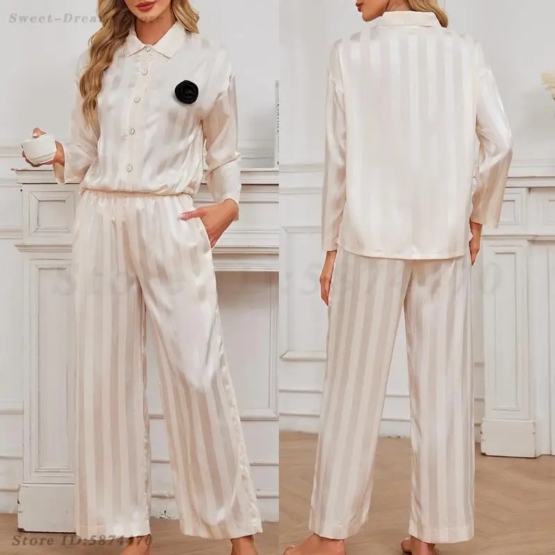 Women Sleepwear Satin 2PCS Shirt&Pants Pajamas Set Champagne Stripes Nightwear Silky Satin Intimate Lingerie Casual Homewear