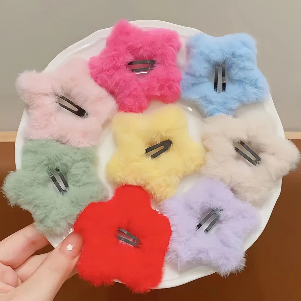 Furry Faux Fur Star Hair Clip Barrette Hairpins Hair Accessories Plush Star Hair Clip Pentagram Bangs Side Clip Sweet Headwear