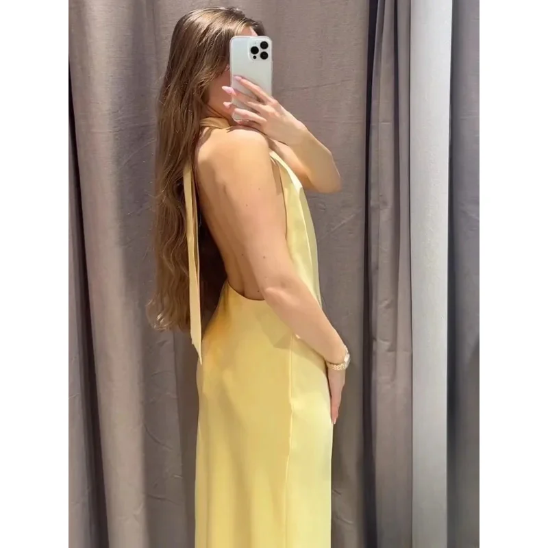 

Chic Backless Silk Sense Women's Dress Halter Neck Sleeveless Bodycon Pleated Elegant Fashion Summer Beach Dress