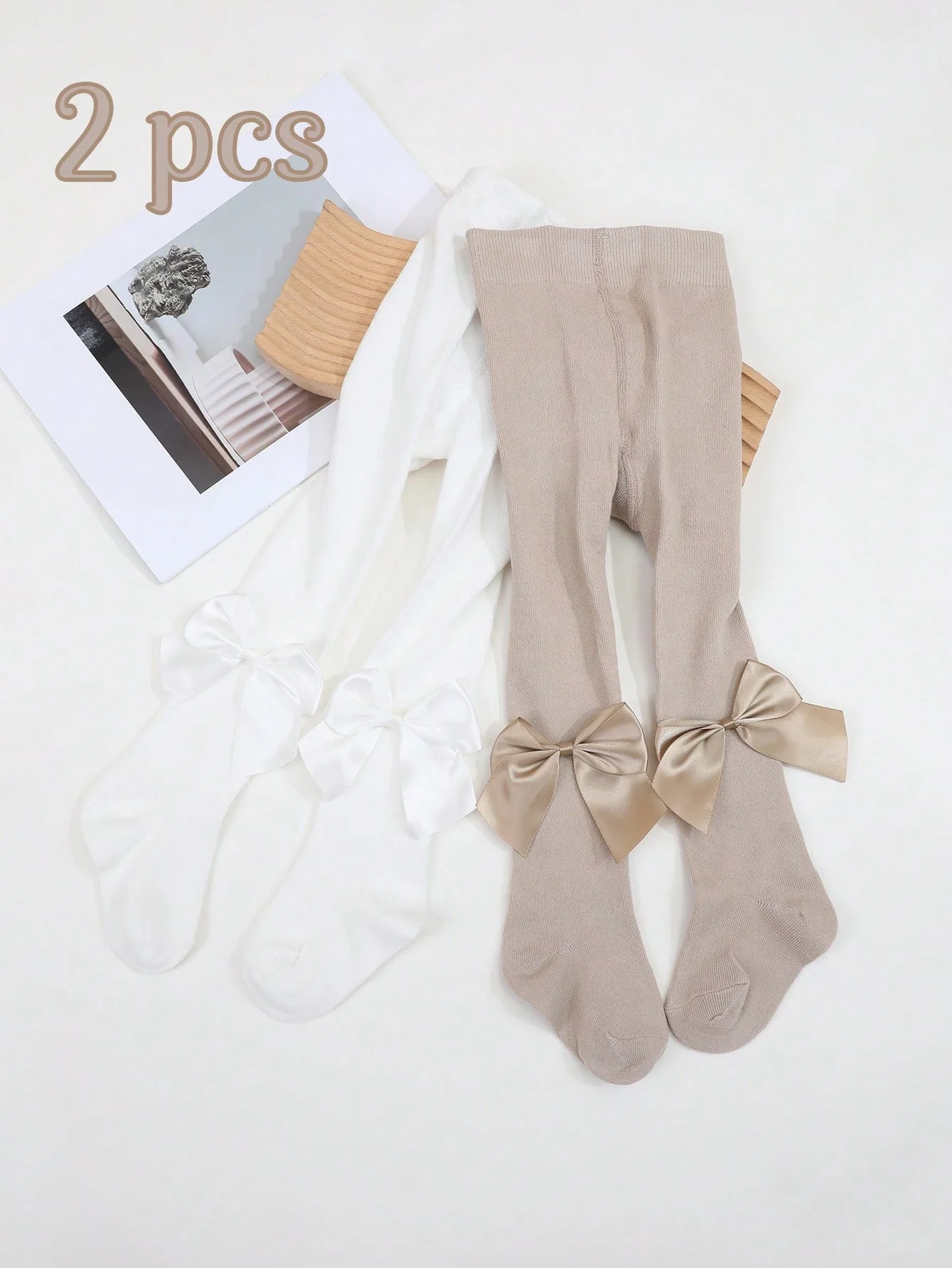 2 Paar einfarbige Strumpfhosen mit Satin-Bowknot, weiche Strumpfhosen in Maillard-Farben für den passenden Schulstil im Herbst und Winter