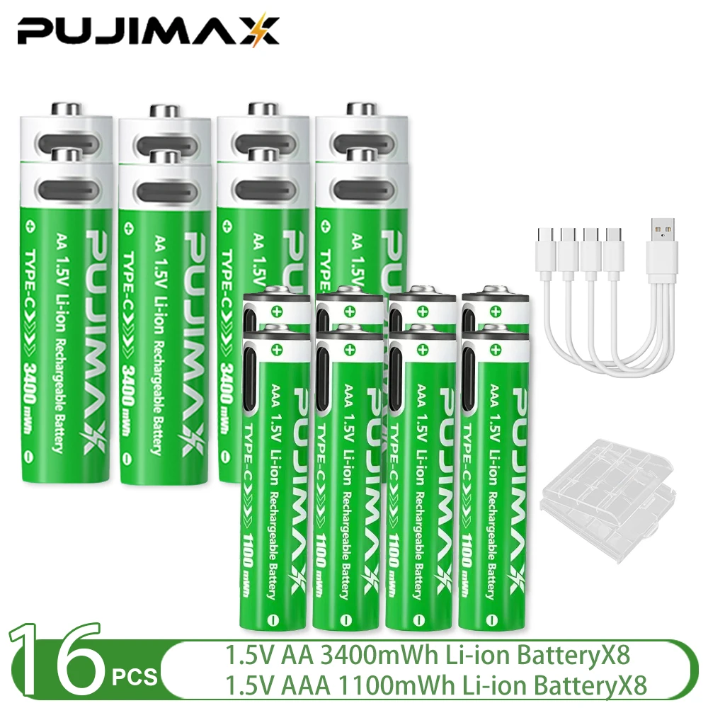 PUJIMAX 1,5 V AA en AAA oplaadbare lithiumbatterij 3400 mWh/1100 mWh, Type-C-poort Opladen worden hergebruikt 1500 keer voor wekkers