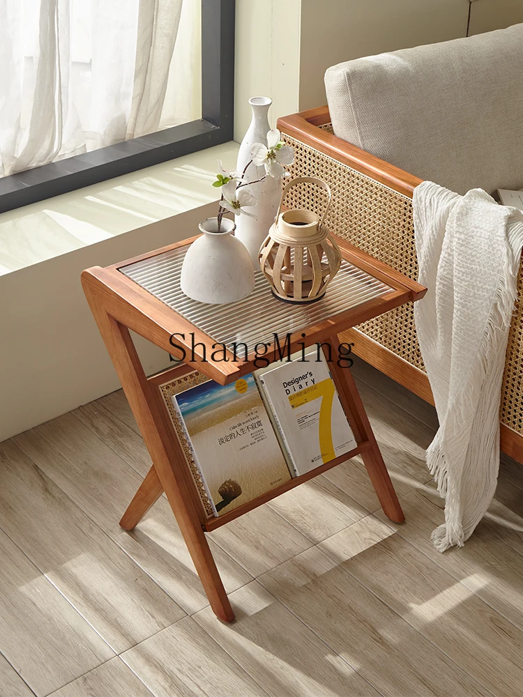 HJ أريكة الروطان الخشبية الصلبة الجانب عدد قليل من غرفة المعيشة المشاهير على الإنترنت شقة صغيرة بسيطة بجانب السرير طاولة زجاجية زاوية قليلة #2