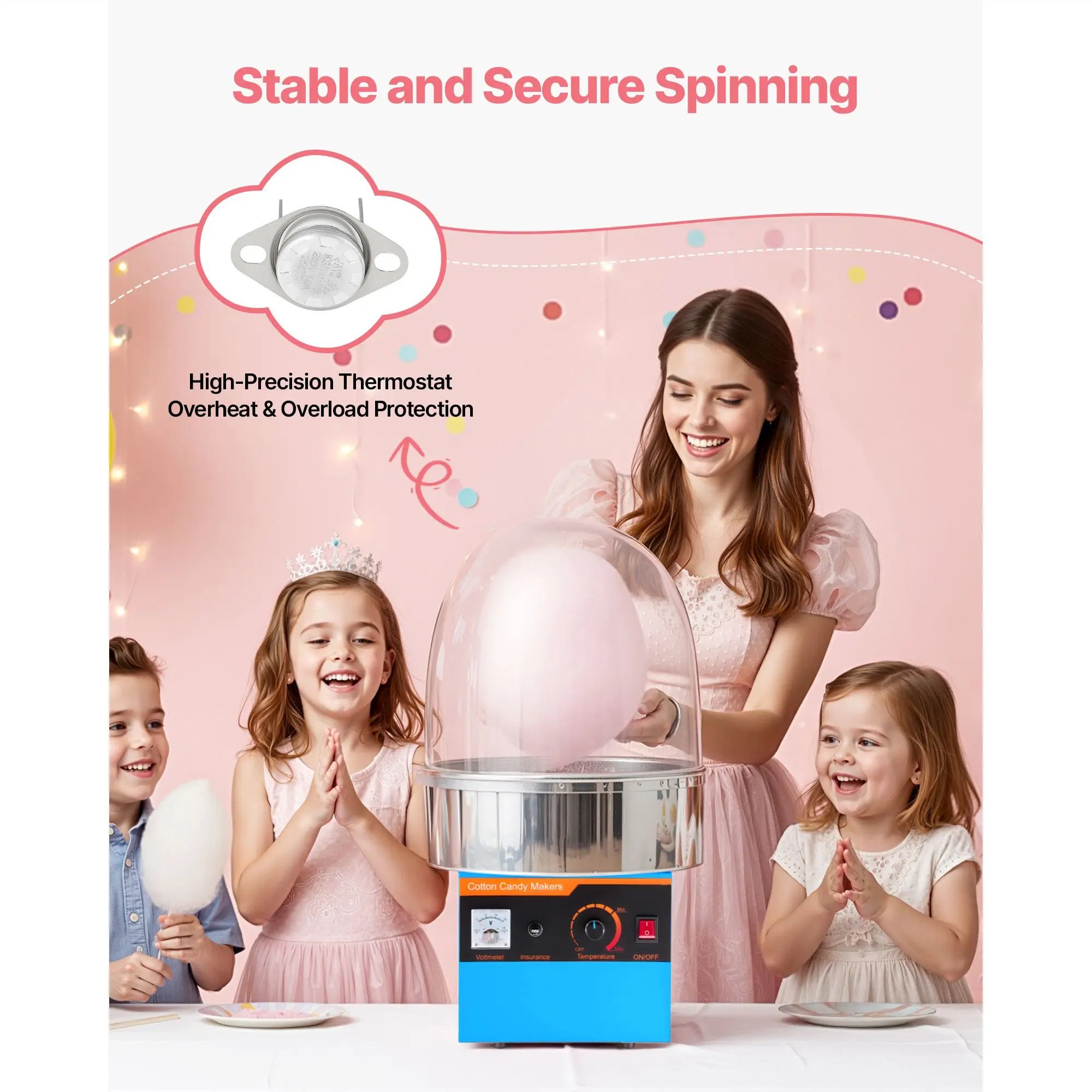 Electric Cotton Candy Machine, 1000W Electric Floss Maker With Cover, Commercial Cotton Candy Machine W/Stainless Steel Bowl &