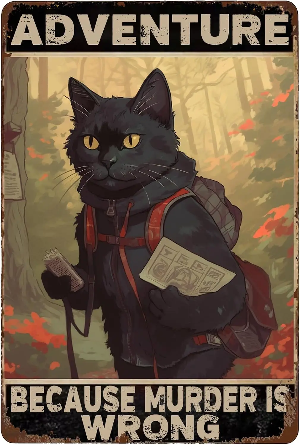 Adventure Cat Tin Poster 8X12IN - Pop Culture Wall Decor for Boho Bedrooms & Murder Prevention Humorous Office Signage