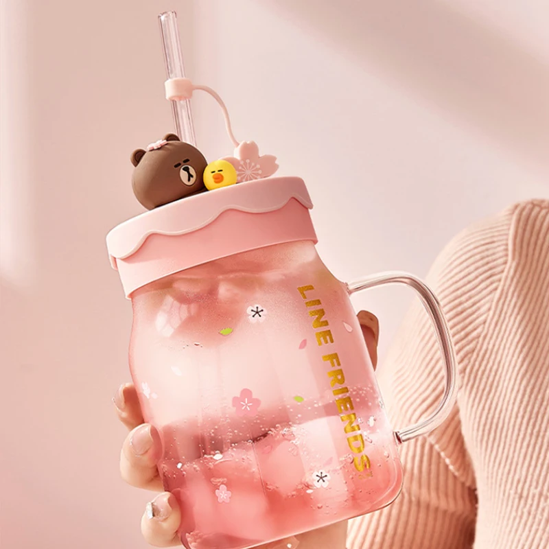 Anime 800Ml Pink Brown Bear Glass Cup Kawaii Portable Handle Water Mug with Lids Straws Fashion Sweet Juice Milk Coffee Bottle