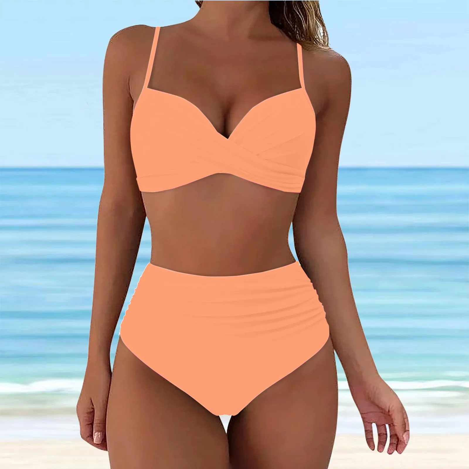 Women High Waisted Bikini Sets Sexy Push Up Two Piece Swimsuits 2024 New Solid Color Bathing Suit Padded Push Up Ruched Swimwear