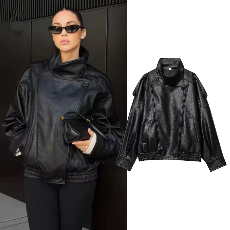 

Женские куртки из искусственной кожи, осенне-зимние модные куртки с воротником-стойкой и длинными рукавами, пальто, уличная женская верхняя одежда