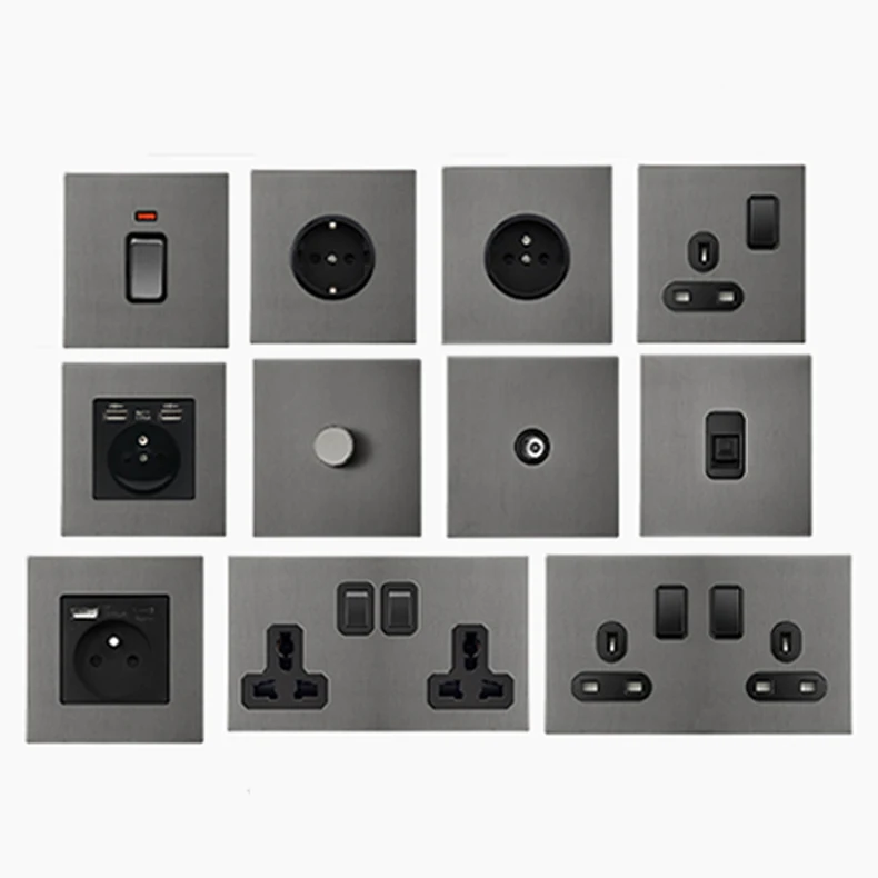 

Матовый серый настенный выключатель, 2-сторонняя универсальная розетка, розетка для Великобритании, порт зарядного устройства типа C, панель из нержавеющей стали