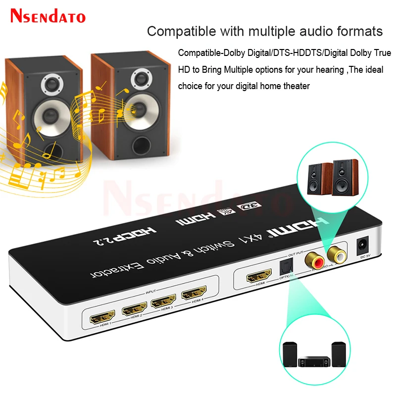 4X1 HDMI Switcher with Audio Extractor with R/L Audio Selector 4 in 1 out 4K 60Hz HDMI Switch ARC Audio Extractor with IR Remote